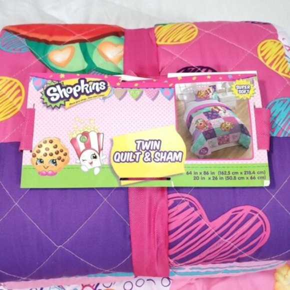 Shopkins 2 Piece Twin Quilt Comforter Sham Set Reverse Bedroom Sleepover 64x86" - Picture 3 of 10
